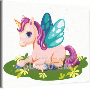 Розовый единорог с волшебными крыльями Животные Лошадь Мультики Для детей Детская Для девочек Легкая 60х80 Раскраска картина по 
