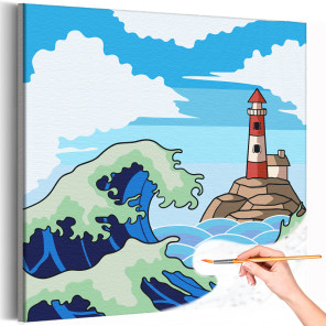 1 Морская волна на фоне маяка Пейзаж Природа Море Океан Простая Раскраска картина по номерам на холсте