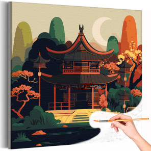 1 Японский храм в сумерках Природа Пейзаж Горы Страны Дом Раскраска картина по номерам на холсте
