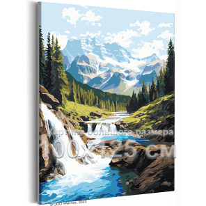 Пейзаж с водопадом и горы Природа Лес Лето Река Интерьерная 100х125 Раскраска картина по номерам на холсте
