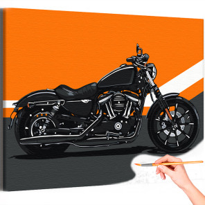 1 Черный мотоцикл на оранжевом фоне Техника Байк Для мужчин Раскраска картина по номерам на холсте