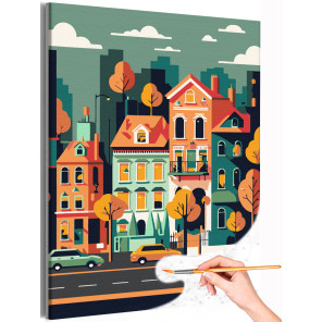 1 Маленькие дома Городской пейзаж Улица Автомобиль Город Осень Интерьерная Раскраска картина по номерам на холсте