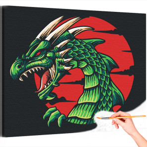 1 Зеленый дракон на фоне красного солнца Животные Фэнтези Символ года Китай Раскраска картина по номерам на холсте