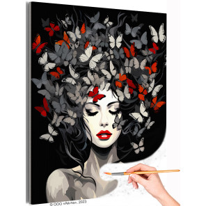  Портрет девушки с красными губами и бабочками Люди Женщина Черно белая Стильная Интерьерная Раскраска картина по номерам на хол