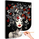 Портрет девушки с красными губами и бабочками Люди Женщина Черно белая Стильная Интерьерная Раскраска картина по номерам на холсте