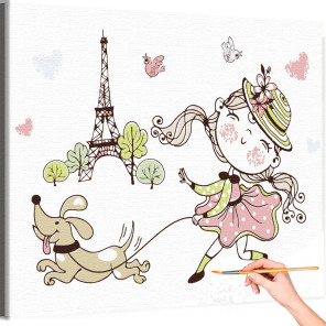 1 Девочка с собачкой в Париже Девушка Для детей Детские Для девочек Город Раскраска картина по номерам на холсте