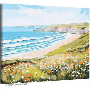 Яркие цветы у морского берега Природа Пейзаж Море Океан Пляж Лето 80х100 Раскраска картина по номерам на холсте
