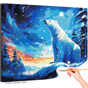  Белый медведь на природе Животные Пейзаж Зима Звездная ночь Закат Лес Раскраска картина по номерам на холсте AAAA-NK585