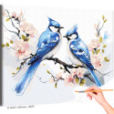 Голубые сойки на цветущем дереве Птицы Цветы Весна Любовь Романтика Раскраска картина по номерам на холсте