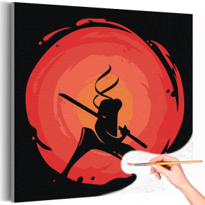 1 Ниндзя на фоне красного солнца Люди Японский воин Мультики Аниме Для мальчика Яркая 40х40 Раскраска картина по номерам на холс