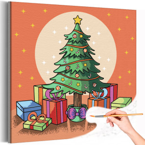 1 Новогодняя ель с подарками Новый год Рождество Праздник Для детей Детские Раскраска картина по номерам на холсте
