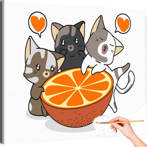 1 Котики любят апельсин Животные Кошки Коты Котята Яркая Еда Для Детей Детская Легкая Смешная Раскраска картина по номерам на хо