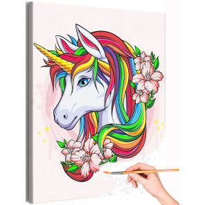 1 Радужный единорог с цветами Животные Для детей Для девочек Фэнтези Раскраска картина по номерам на холсте
