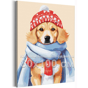 Щенок золотистый ретривер в шапке Животные Собака Голден Лабрадор Зима Рождество 80х100 Раскраска картина по номерам на холсте