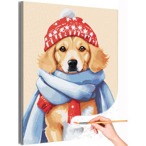 1 Щенок золотистый ретривер в шапке Животные Собака Голден Лабрадор Зима Рождество Раскраска картина по номерам на холсте