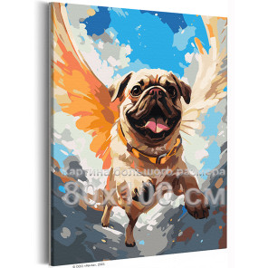 Мопс ангел с крыльями Животные Собака в небесах Влюблен в тебя Полет Для детей Детская 80х100 Раскраска картина по номерам на хо