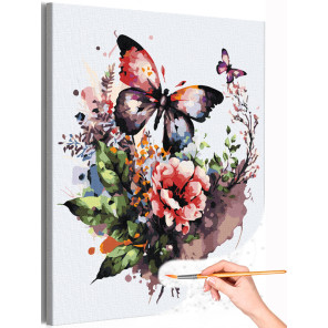 1 Цветы шиповника и бабочка Природа Букет Лето Яркая Интерьерная Раскраска картина по номерам на холсте