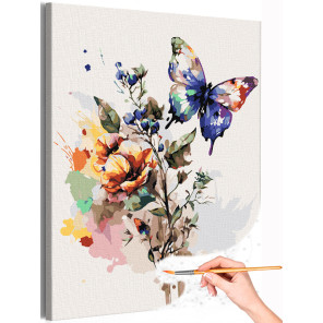 1 Ветвь с цветами и бабочка Природа Лето Яркая Интерьерная Раскраска картина по номерам на холсте