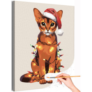 1 Абиссинская кошка с гирляндой Животные Коты Котята Новый год Рождество Зима Раскраска картина по номерам на холсте