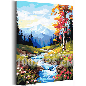 Ручей в горах Природа Пейзаж Цветы Весна Осень Лес Река Вода Рассвет Закат Альпы 100х125 Раскраска картина по номерам на холсте