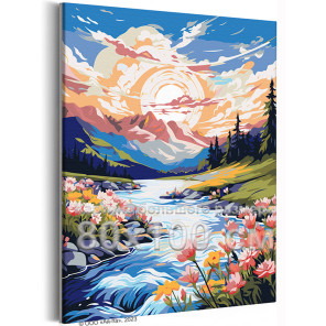 Весна в горах Природа Пейзаж Цветы Лес Река Вода Рассвет Закат Альпы 80х100 Раскраска картина по номерам на холсте