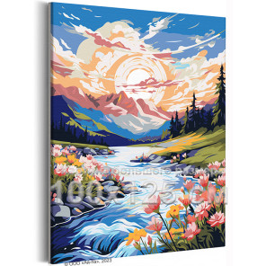 Весна в горах Природа Пейзаж Цветы Лес Река Вода Рассвет Закат Альпы 100х125 Раскраска картина по номерам на холсте