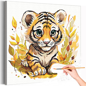 1 Маленький тигренок в листьях Животные Осень Для детей Детская Для девочки Для мальчика Раскраска картина по номерам на холсте