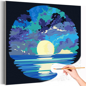 1 Небо с облаками и луна на море Пейзаж Природа Океан Вода Простая Минимализм 40х40 Раскраска картина по номерам на холсте
