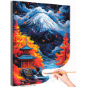 Яркая осень в Японии Природа Пейзаж Дом Горы Футзияма Вода Дождь Раскраска картина по номерам на холсте с неоновыми красками