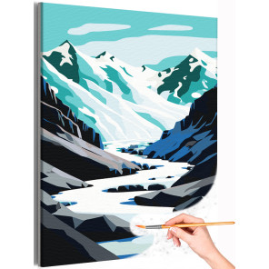 1 Река в снежных горах Пейзаж Природа Зима Для детей Маленькая Легкая Раскраска картина по номерам на холсте