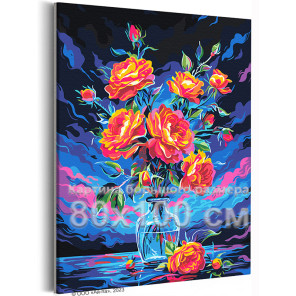 Розы на фоне заката Букет Цветы Натюрморт Яркая Для девушки 80х100 Раскраска картина по номерам на холсте с неоновыми красками