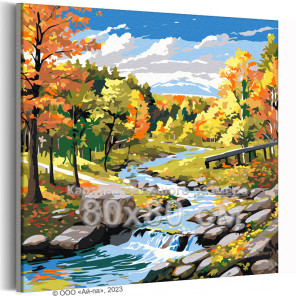 Природа ранней осенью Пейзаж Река Сентябрь Лес Вода Интерьерная Яркая 80х80 Раскраска картина по номерам на холсте