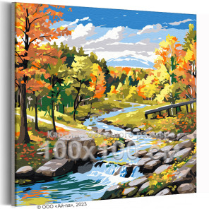 Природа ранней осенью Пейзаж Река Сентябрь Лес Вода Интерьерная Яркая 100х100 Раскраска картина по номерам на холсте