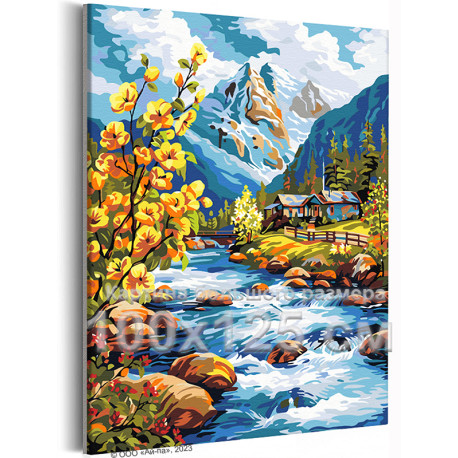 Дом на берегу горной реки Пейзаж Природа Альпы Цветы Весна Горы Вода 100х125 Раскраска картина по номерам на холсте