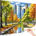 Городской парк осенью Пейзаж Природа Дома Деревья Яркая Небольшая Времена года Раскраска картина по номерам на холсте