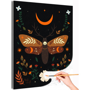 1 Мотылек с цветами Звездная ночь Бабочка Для триптиха Луна Ботаника Интерьерная Раскраска картина по номерам на холсте