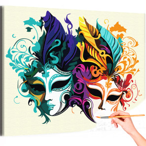 1 Яркие венецианские маски с перьями Карнавал Италия Для девушек Интерьерная Раскраска картина по номерам на холсте