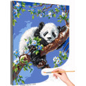 Панда на цветущей ветке Животные Медведь Малыш Весна Цветы Дерево Ветви Раскраска картина по номерам на холсте