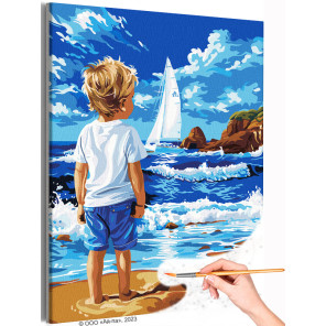  Мальчик на море и парусник Люди Дети Ребенок Малыш Корабль Пляж Океан Вода Лето Морской пейзаж Раскраска картина по номерам на 