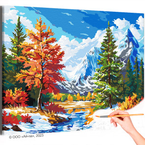  Яркая природа в горах Пейзаж Осень Деревья Река Вода Альпы Интерьерная Времена года Раскраска картина по номерам на холсте AAAA
