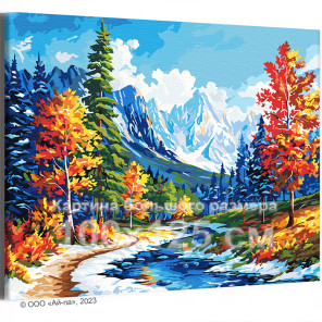Осенняя река и высокие горы Пейзаж Природа Осень Деревья Вода Альпы Времена года Яркая 100х125 Раскраска картина по номерам на х