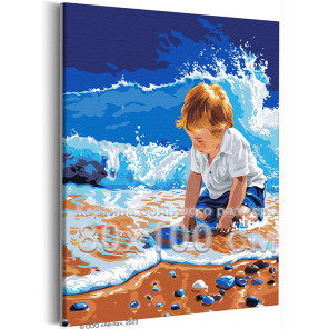 Ребенок на море Люди Дети Малыш Мальчик Пляж Океан Вода Лето Морской пейзаж 80х100 Раскраска картина по номерам на холсте