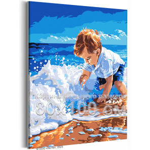 Малыш на море Люди Дети Ребенок Мальчик Пляж Океан Вода Лето Морской пейзаж 80х100 Раскраска картина по номерам на холсте