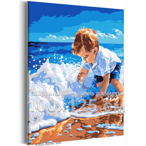 Малыш на море Люди Дети Ребенок Мальчик Пляж Океан Вода Лето Морской пейзаж 100х125 Раскраска картина по номерам на холсте