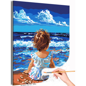  Малышка на берегу моря Дети Ребенок Девочка Дочка Океан Морской пейзаж Пляж Лето Раскраска картина по номерам на холсте AAAA-ST