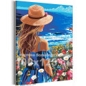 Девушка в цветах на берегу моря Люди Женщина Маки Морской пейзаж Лето Океан Романтика 100х125 Раскраска картина по номерам на холсте
