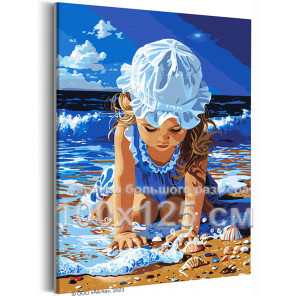 Девочка с ракушками на берегу моря Дети Ребенок Малыш Океан Морской пейзаж Пляж Лето 100х125 Раскраска картина по номерам на хол
