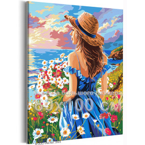 Девушка с цветами на берегу моря Люди Женщина Ромашки Лето Романтика Яркая 80х100 Раскраска картина по номерам на холсте с неоно