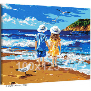 Дети и птицы на берегу моря Люди Ребенок Мальчик и девочка Морской пейзаж Море Лето 100х125 Раскраска картина по номерам на холс