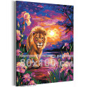 Лев и ирисы на закате Животные Хищники Король Природа Пейзаж Цветы Яркая 80х100 Раскраска картина по номерам на холсте